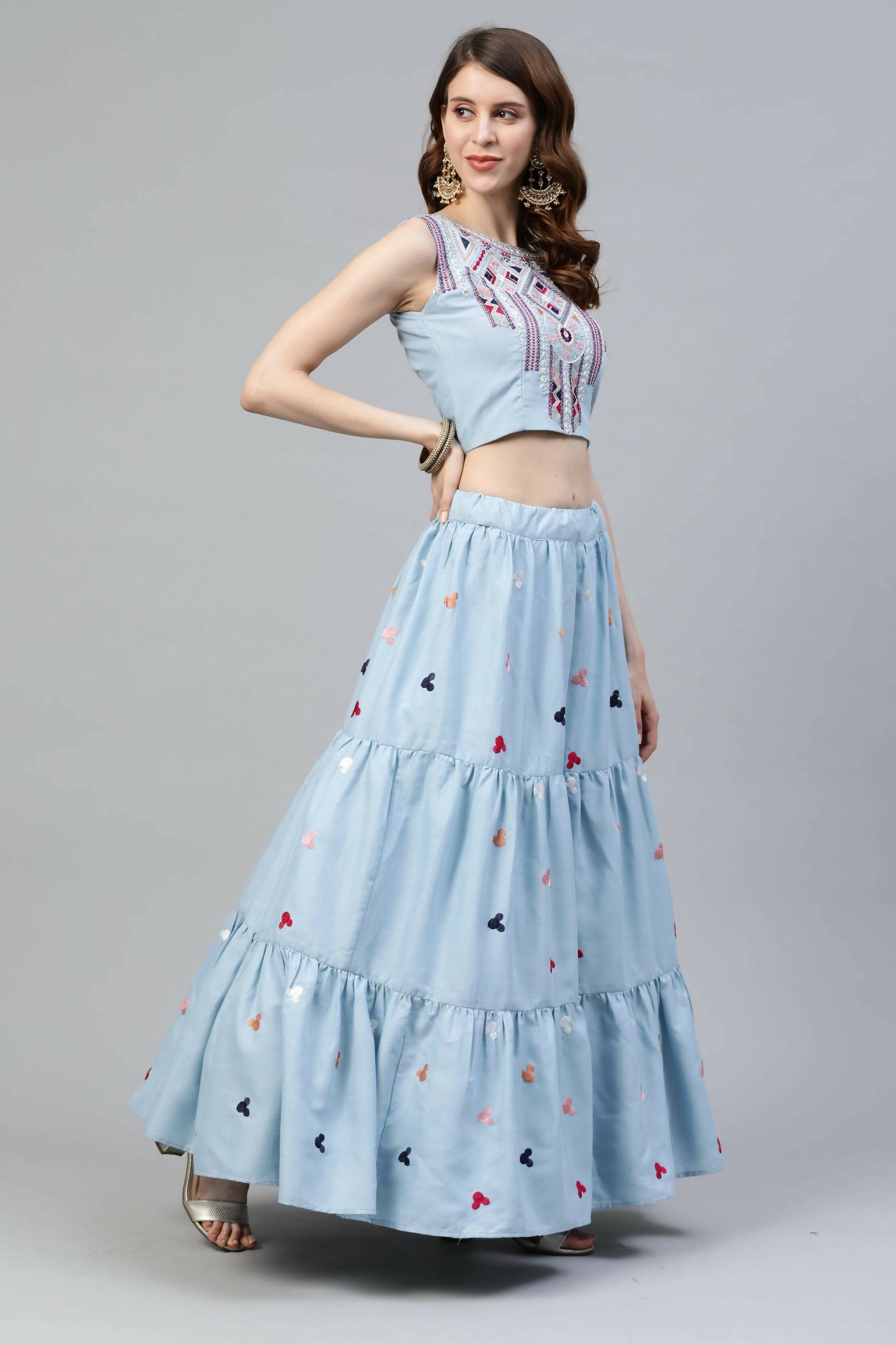 Sky Blue Cotton Embroidered Work Lehenga Choli with Dupatta - Jivika - Distacart