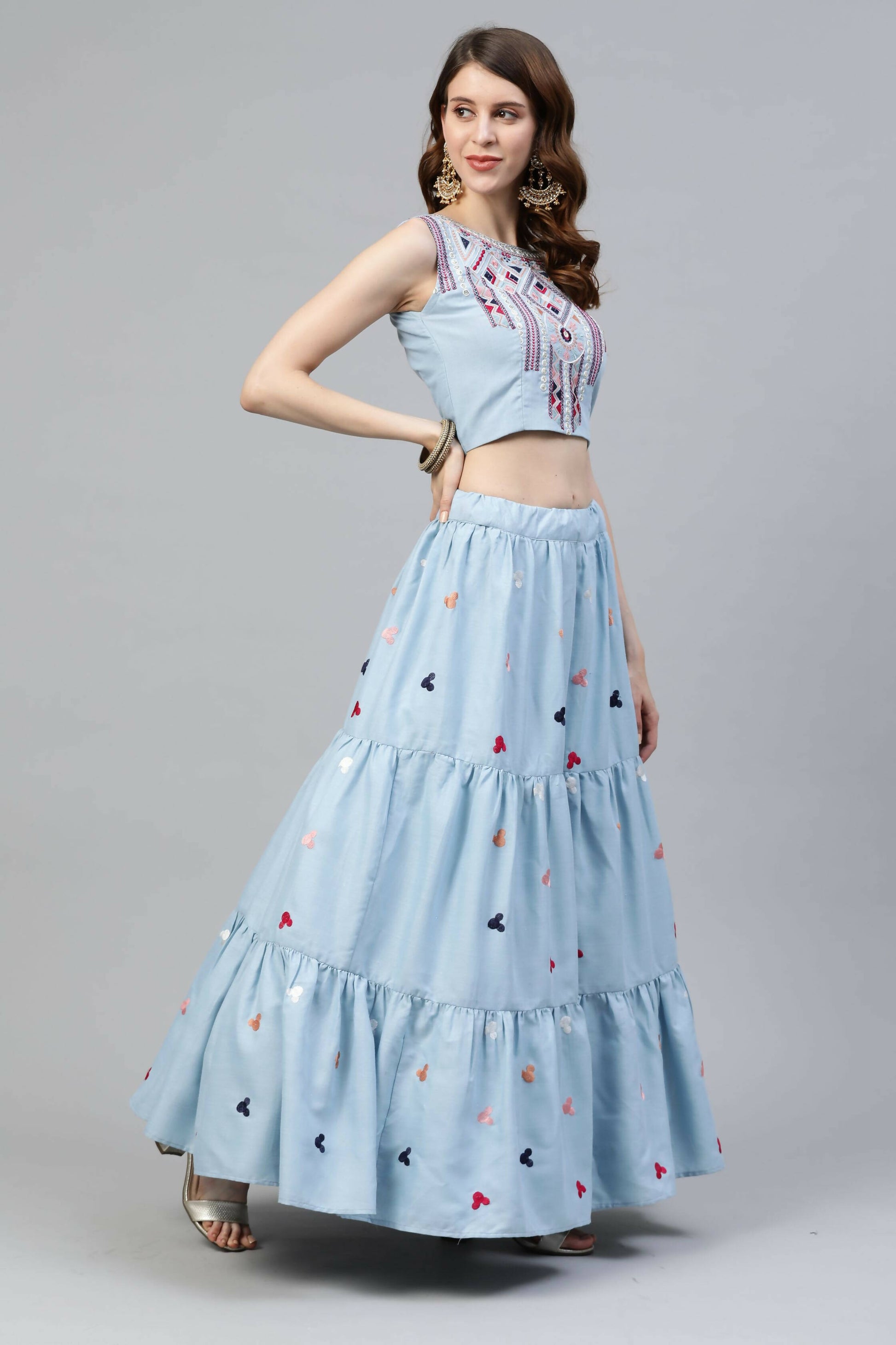 Sky Blue Cotton Embroidered Work Lehenga Choli with Dupatta - Jivika - Distacart
