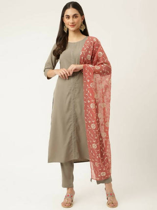 FIORRA Women's Grey Poly Crepe Straight Kurta Pant With Dupatta - Distacart