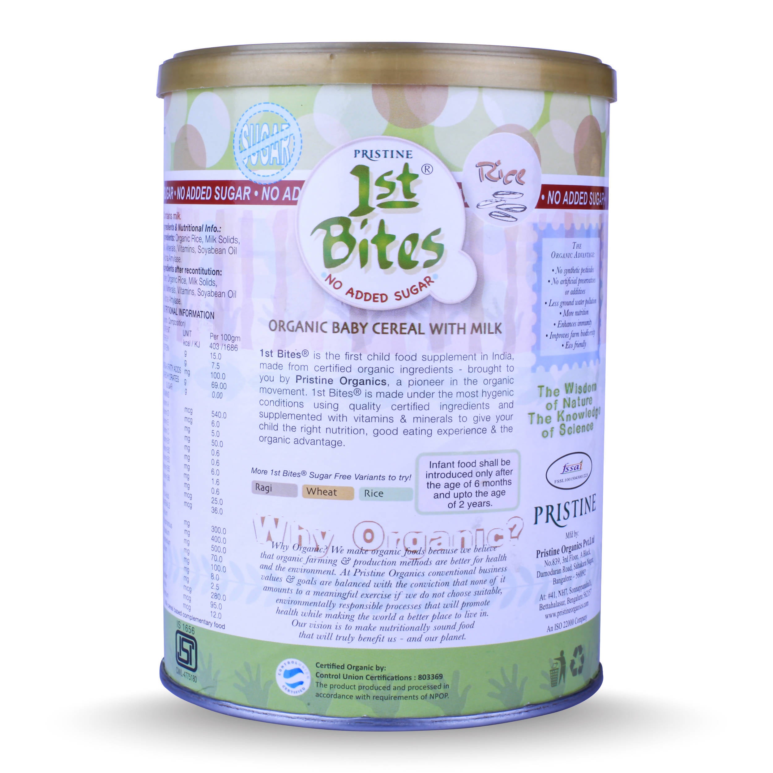 Pristine 1st Bites Organic Rice Baby Cereal Stage-1 Tin