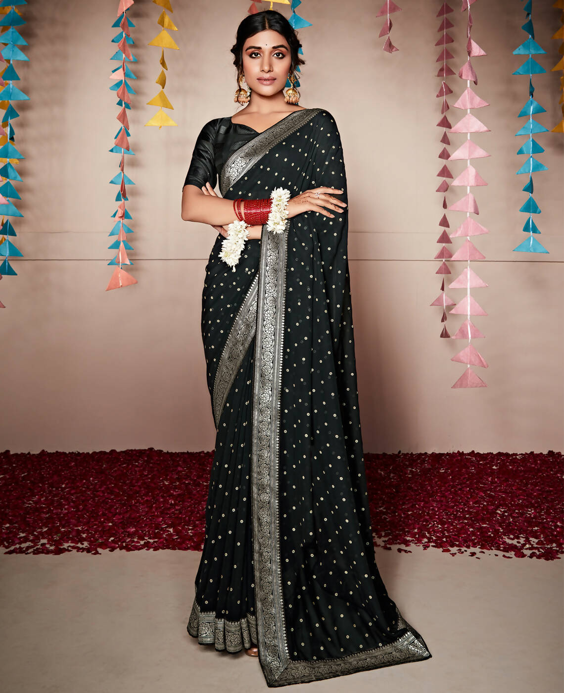 Black Georgette Foil Printed Saree With Unstitched Blouse Piece - Nitya - Distacart