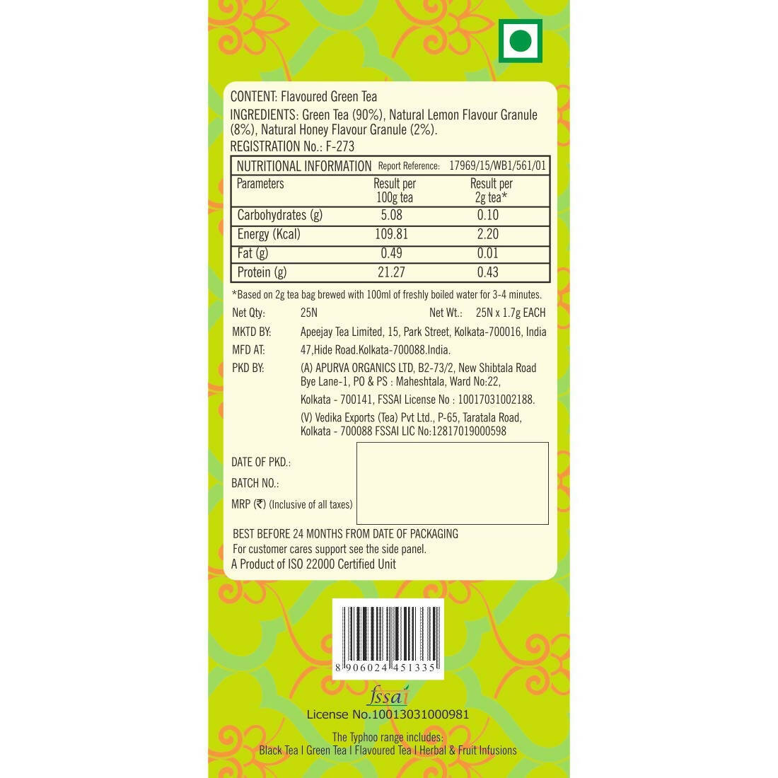 Typhoo Cleansing Lemon & Honey Green Tea Bags - Distacart