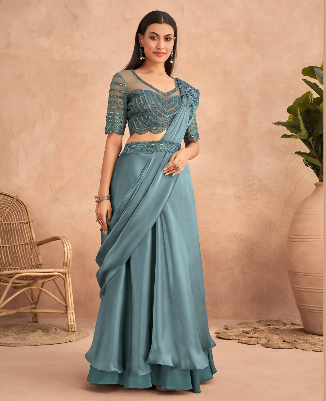 Blue Satin Embroidered Ready To Wear Saree With Unstitched Blouse Piece - Nandika - Distacart