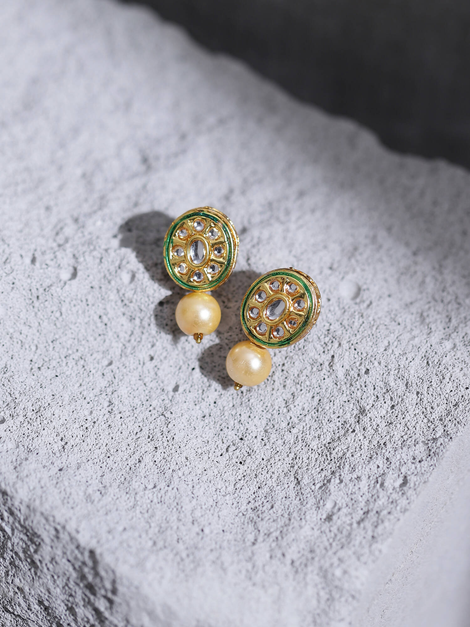 Gold-Toned White Kundan Oval-Shape Gold-Plated Studs Earrings - Ruby Raang - Distacart