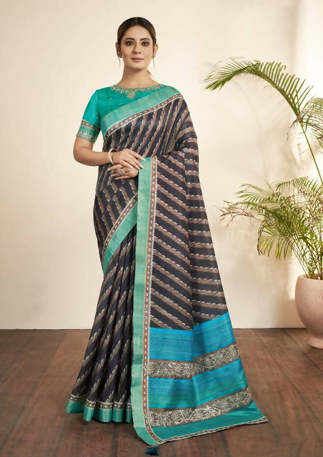 Navy Blue Bhagalpuri Silk Stripe printed with Stone Work & Hand Work Saree - Norita Nirvi - Distacart