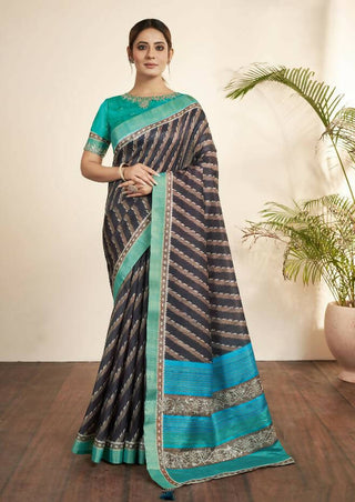 Navy Blue Bhagalpuri Silk Stripe printed with Stone Work & Hand Work Saree - Norita Nirvi - Distacart