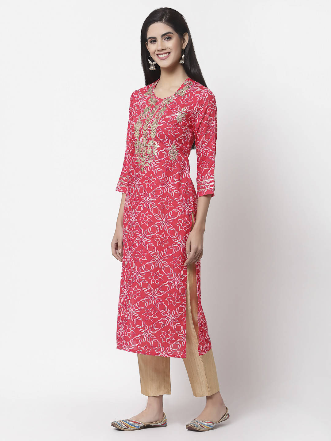 Myshka Women Red Viscose Printed 3/4 Sleeve Round Neck Kurta