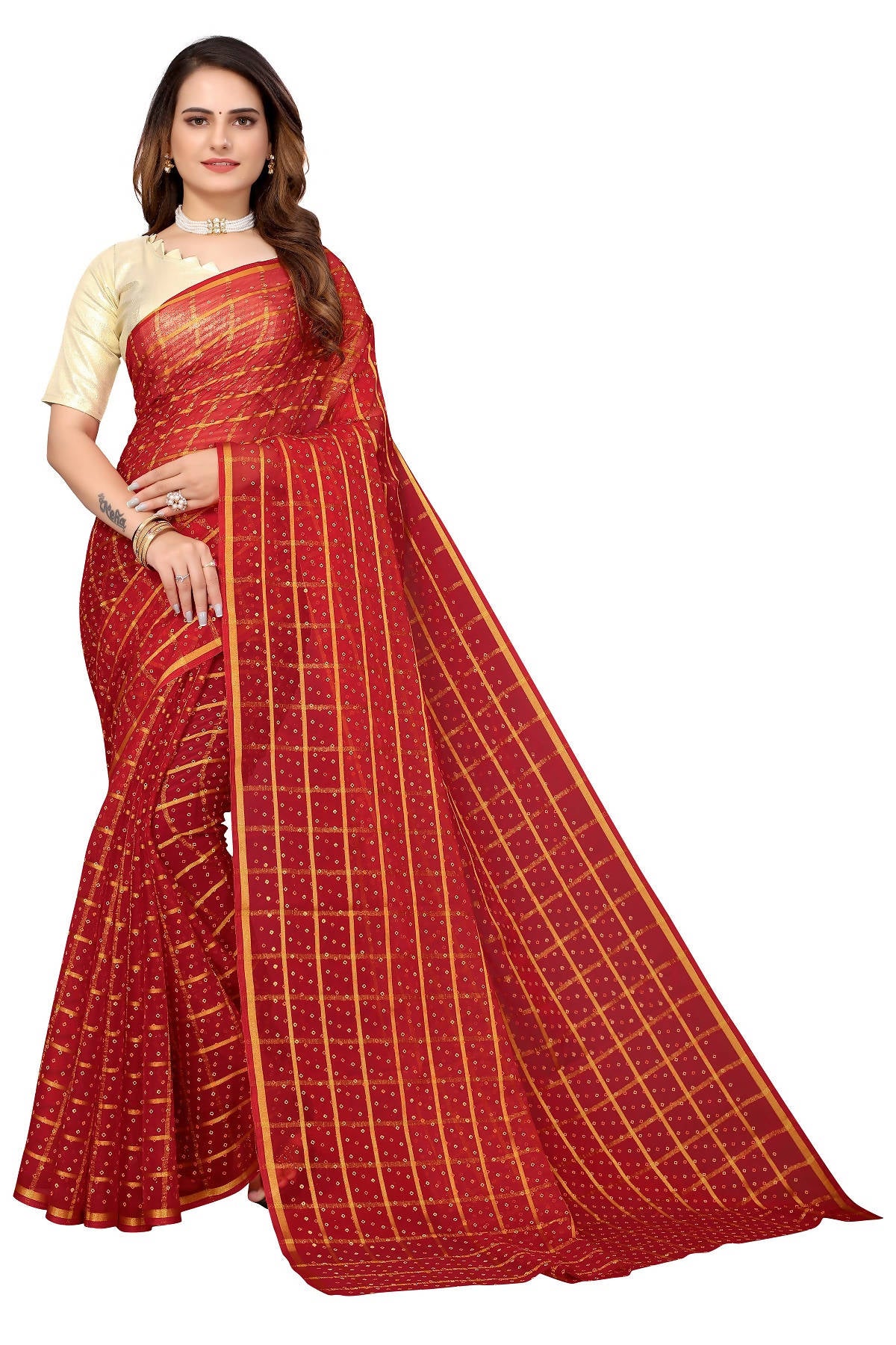 Vamika Ethnic Fire Red Jari Work Chiffon Saree - Distacart