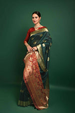 Thumbnail for Vishnu Weaves Women's Bottle Green Tussar Silk Zari Woven Saree with Blouse - Distacart