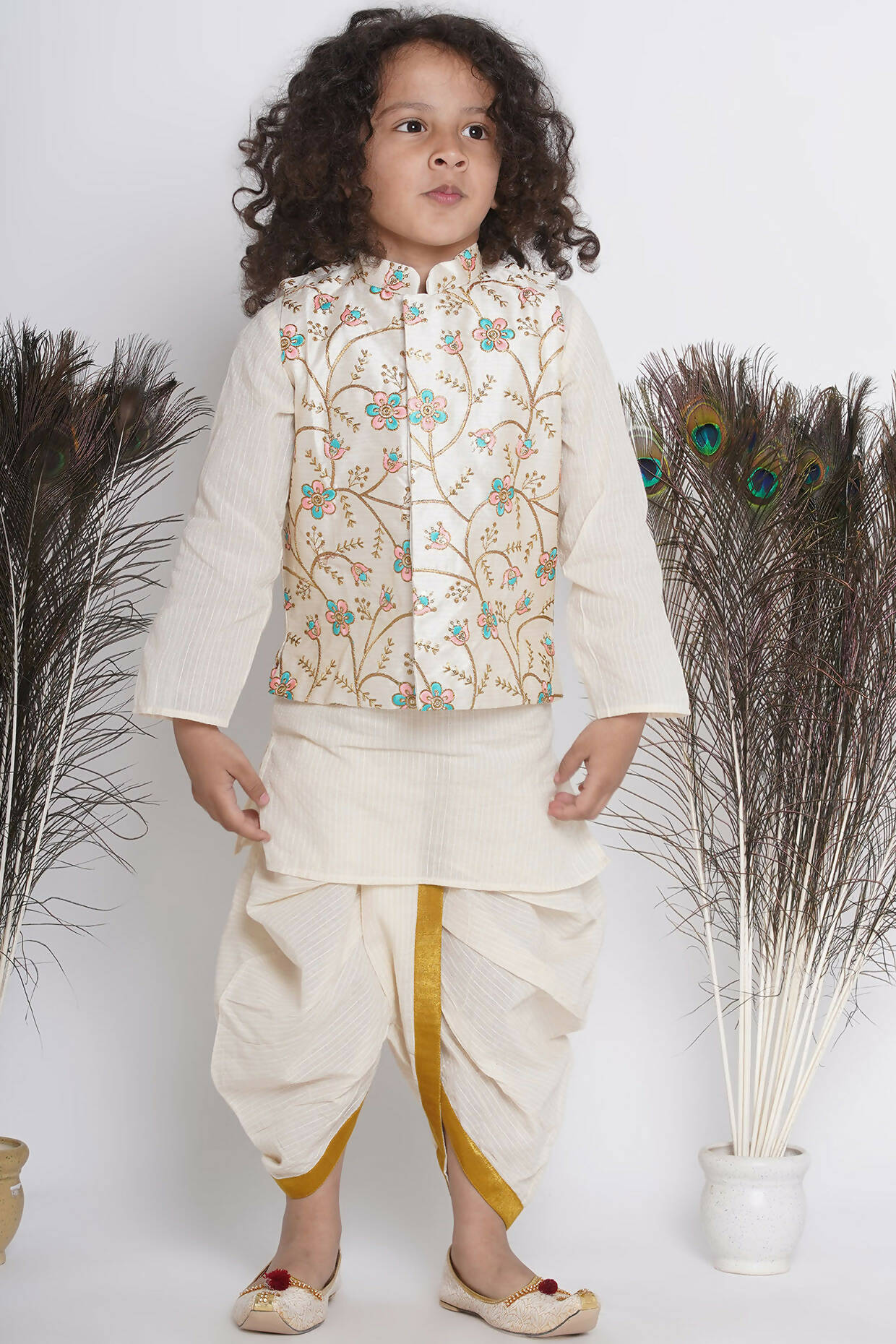 Little Bansi Banarsi Silk Pink Blue Floral Embroidery Jacket With Cotton Kantha kurta And Kantha Dhoti - Cream - Distacart