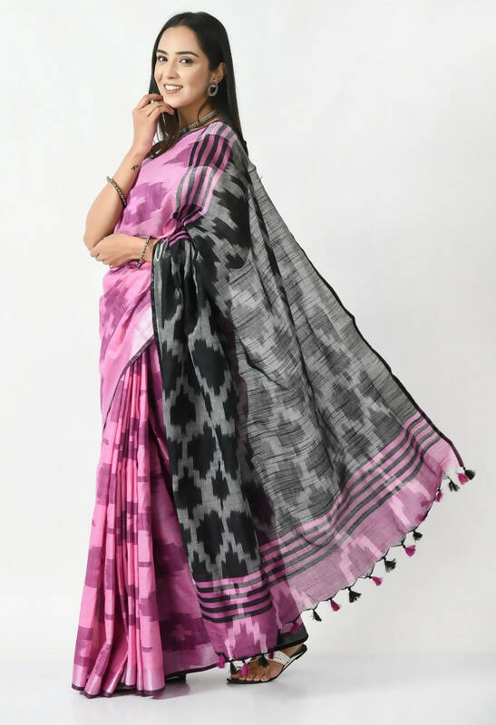 Mominos Fashion Moeza Pink & Black Bhagalpuri Handloom Ikat Pure Cotton Saree with unstitched Blouse piece - Distacart