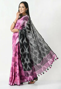 Thumbnail for Mominos Fashion Moeza Pink & Black Bhagalpuri Handloom Ikat Pure Cotton Saree with unstitched Blouse piece - Distacart