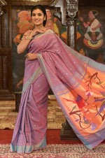 Thumbnail for Very Much Indian Handloom Pure Cotton Paithani Peacock Pallu-Dual Tone Blue Pink - Distacart