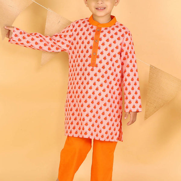 Lil Drama Boys Kurta With Pyjama Set - Orange - Distacart