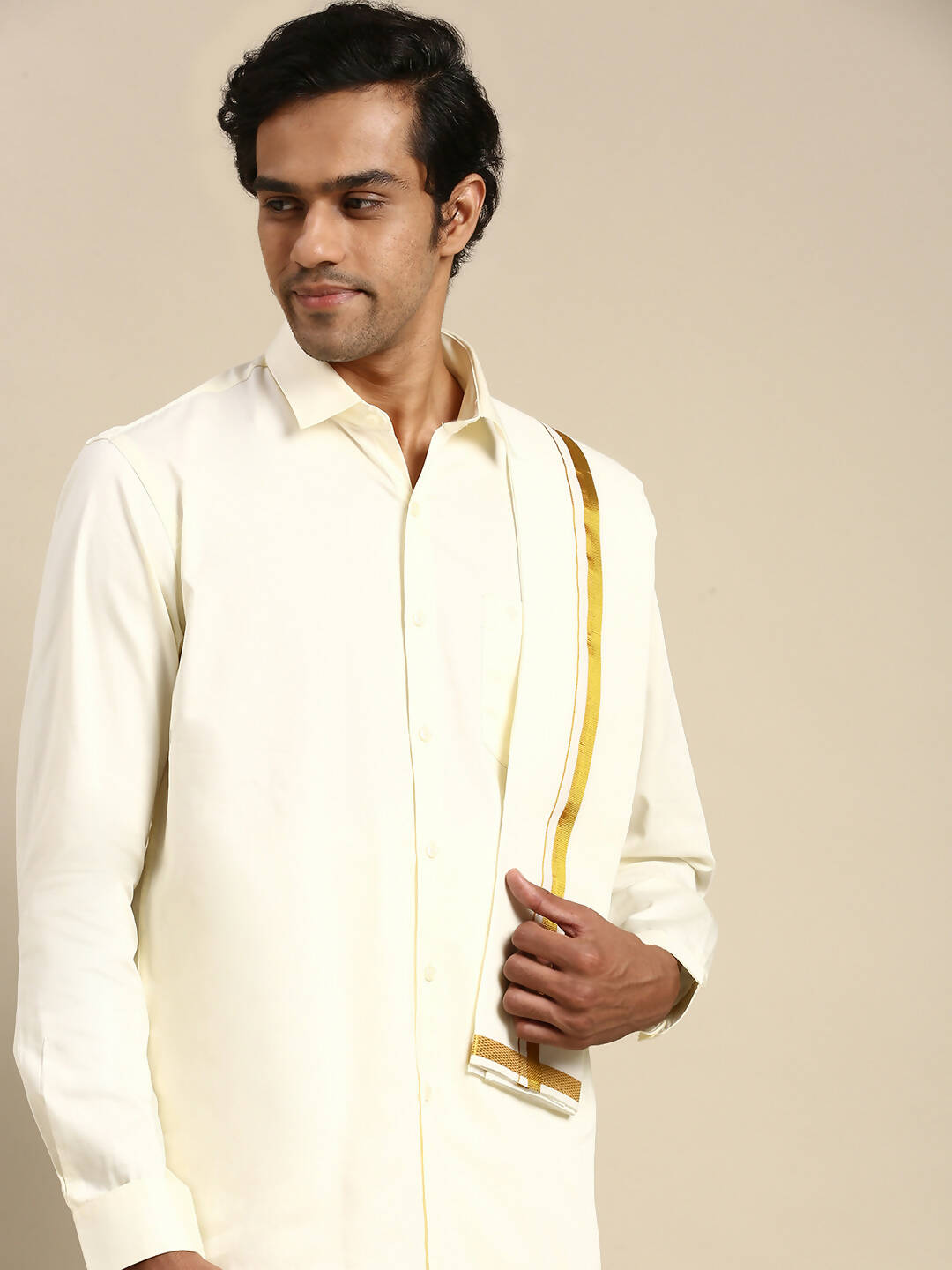 Ramraj Cotton Mens Premium Wedding Cream Dhoti with shirt Bit & Towel Set - Distacart