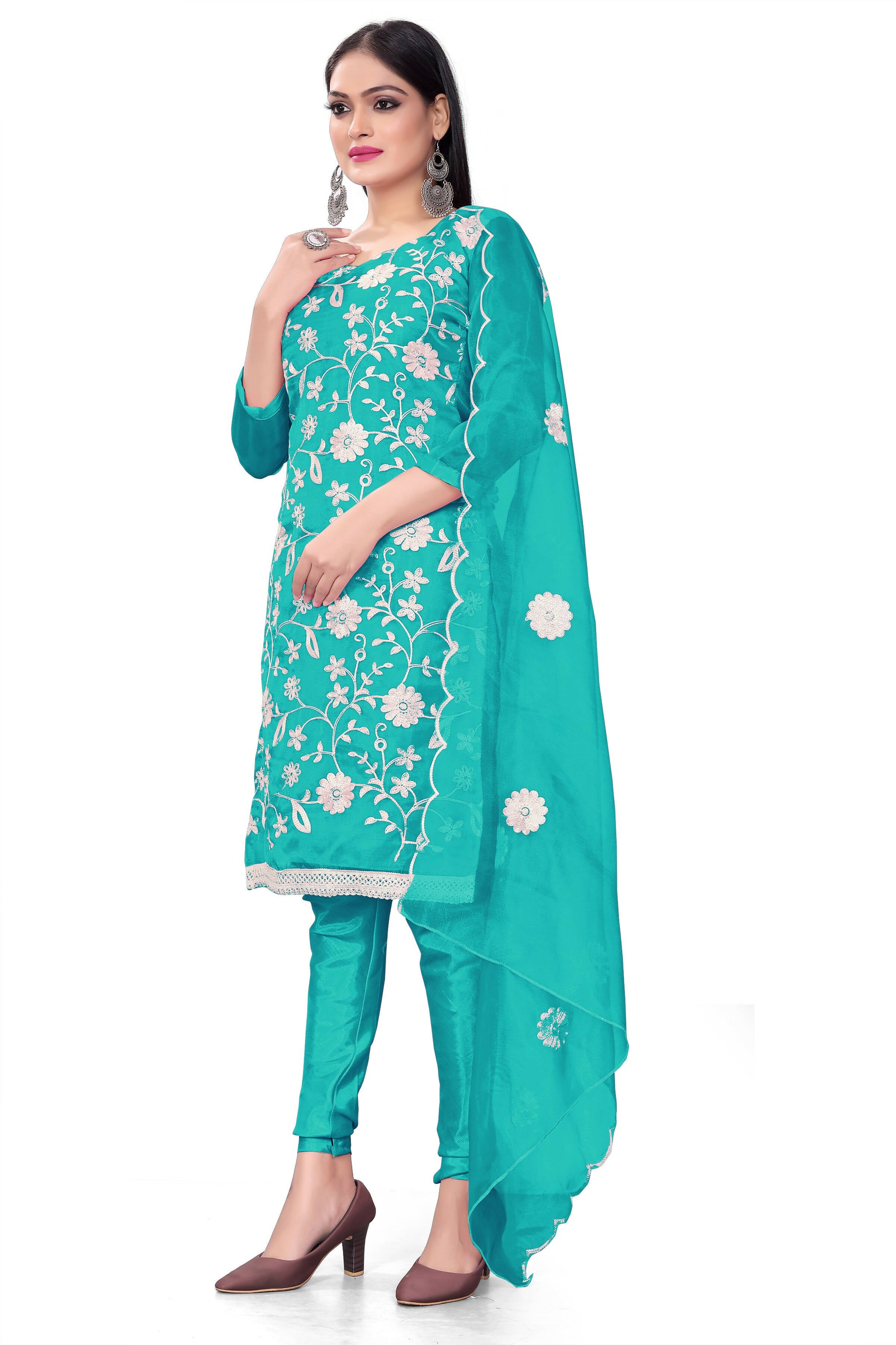 Sea Green Organza Silk Embroidered Work Unstitched Dress Material - Tanvi - Distacart