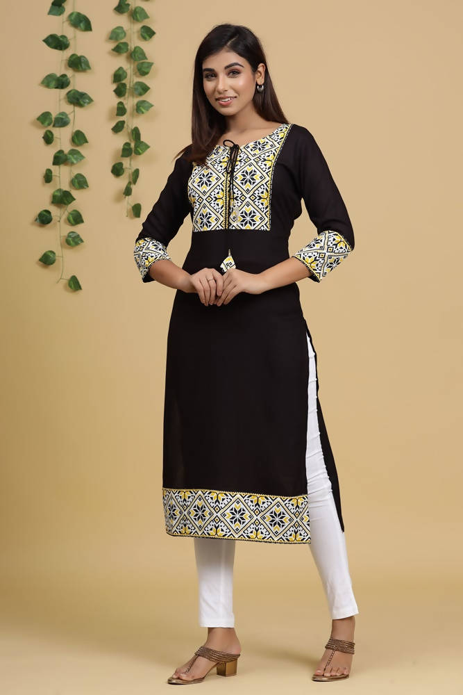 Yufta Women Black & Yellow Geometric Yoke Design Straight Kurta
