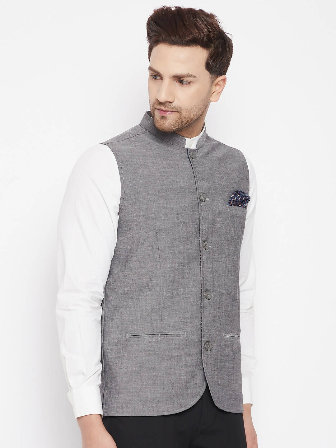 Even Apparels Grey Merino Men's Nehru Jacket-Contrast Lining-Free Pocket Square PW690 - Distacart