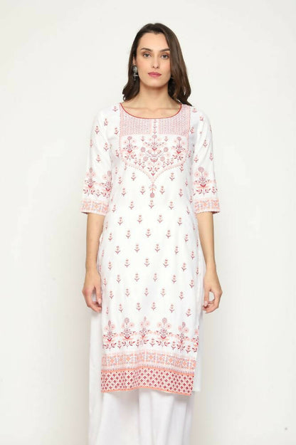 Maai Rayon Hand Printed Kurta Off-White - Distacart