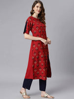 Thumbnail for Janasya Maroon & Navy Blue Ethnic Motifs Printed Kurta with Trousers - Distacart