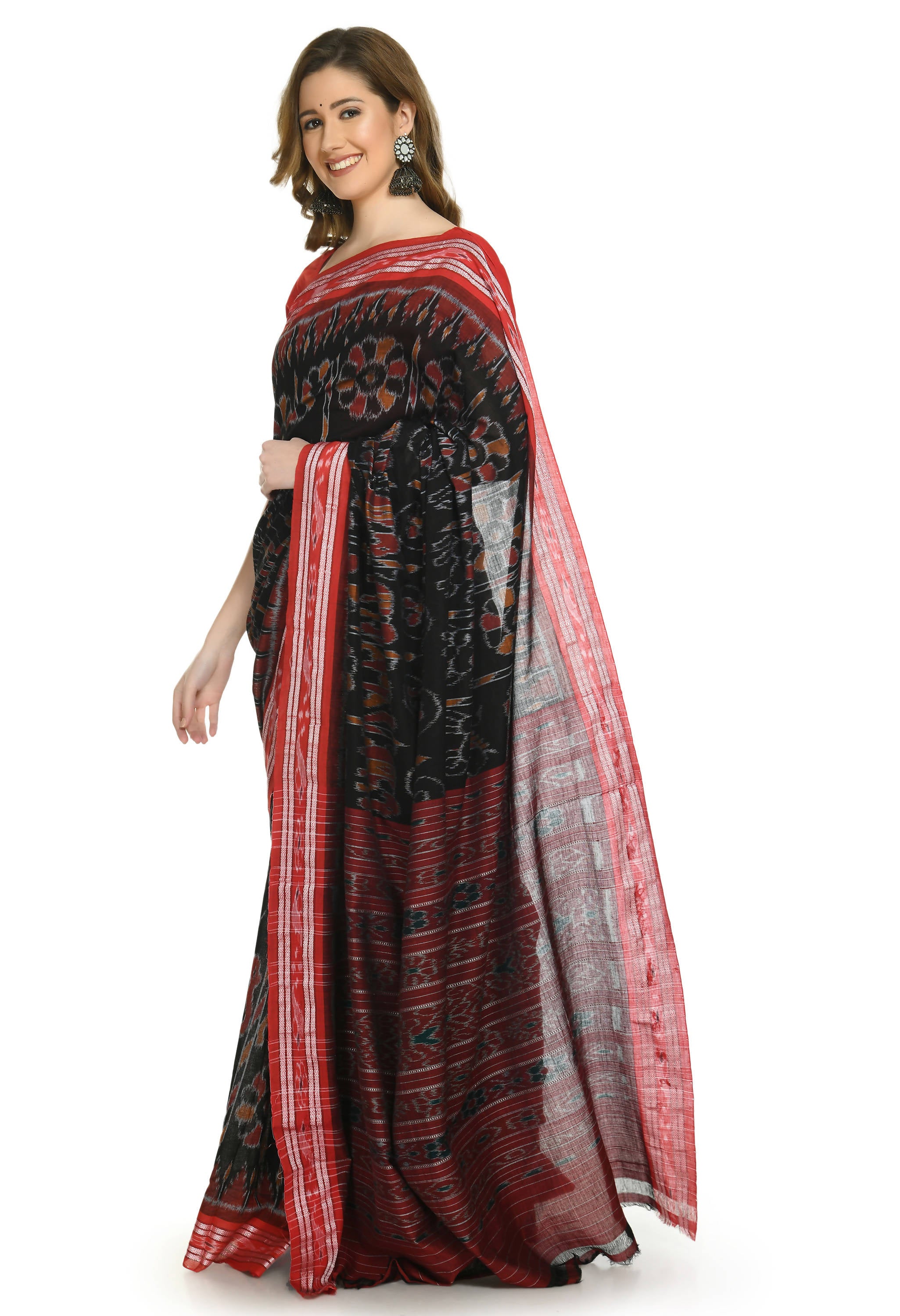 Vamika Sambalpuri Ikat Cotton Dehabandha Tribal Maroon & Orange Saree - Distacart