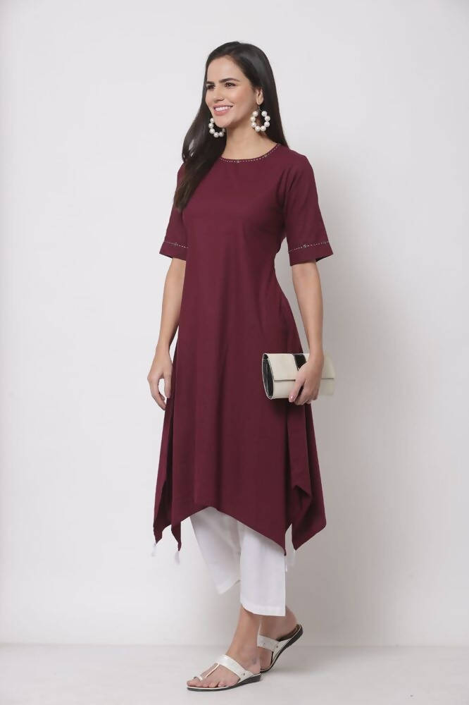 Myshka Women's Pure Cotton 3/4 Sleeve Round Neck Casual Maroon Dress