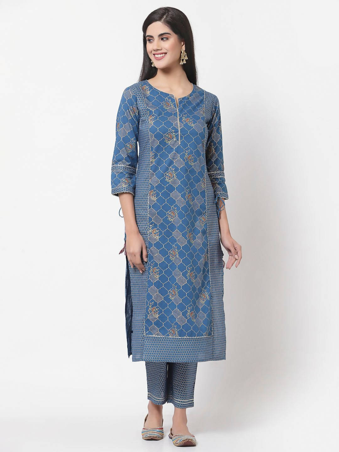 Myshka Women's Navy Blue Printed 3/4 Sleeve Cotton Round Neck Casual Kurta & Pant Set