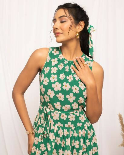 FIORRA Women's Green Georgette Floral Printed Western Dress - Distacart
