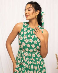 Thumbnail for FIORRA Women's Green Georgette Floral Printed Western Dress - Distacart