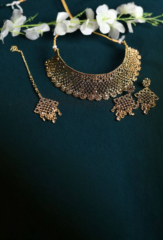 Tehzeeb Creations Golden Colour Necklace Earrings And Tikka With Diamond Studded