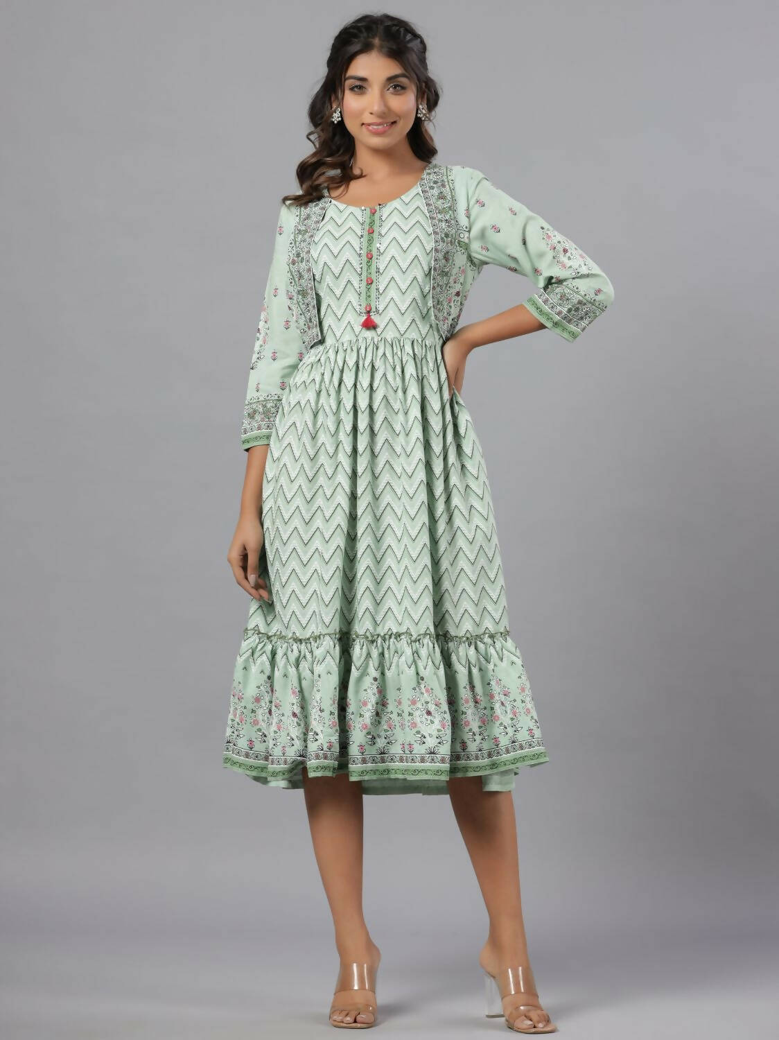 Juniper Women Sage Green Rayon Printed Jacket Style Midi Dress - Distacart