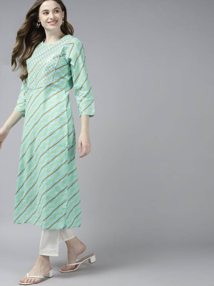 Yufta Women Green Bandhani Yoke Design Pure Cotton Kurta with Palazzo and Dupatta