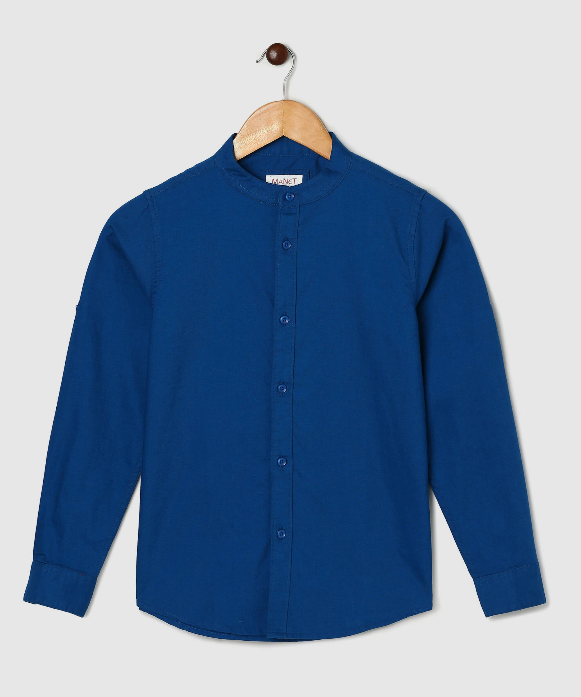 Manet Boys Mandarin Collar Full Sleeves Solid Shirt -Blue - Distacart