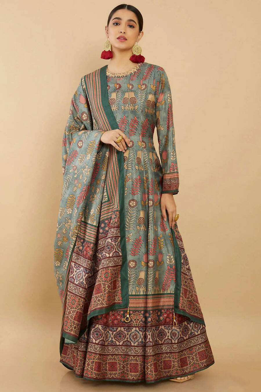 Women's Partywear Designer Green Soft Dola Silk Anarkali suit with Dupatta - Kalishta - Distacart