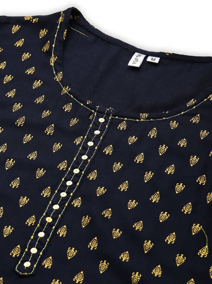 Yufta Women Navy Blue Golden Print Kurta
