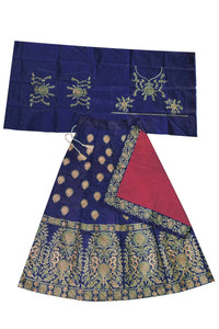 Thumbnail for Dwiden Navy Blue Gulab Tafetta Sattin Semi-Stitched Girl's Lehenga Choli - Distacart