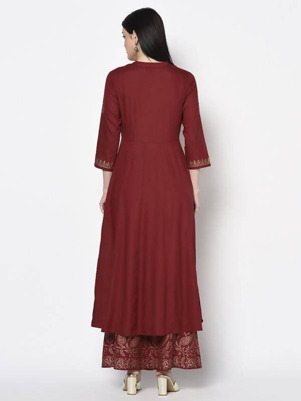 Aniyah Rayon Maroon Block Print Anarkali Palazzo Set (AN-212K)