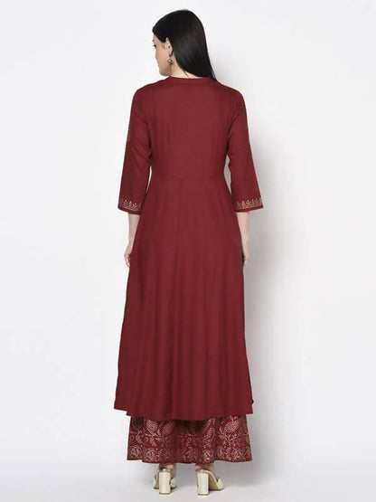 Aniyah Rayon Maroon Block Print Anarkali Palazzo Set (AN-212K)
