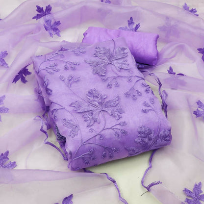 Lavender Heavy Organza Silk Embroidered Unstitched Dress Material - Amara - Distacart