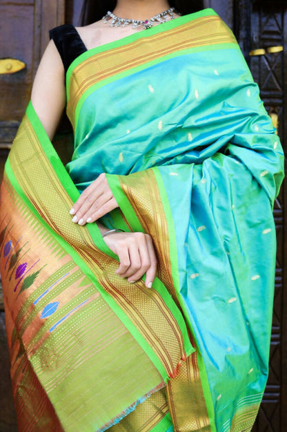 Very Much Indian Pure Silk Handloom Paithani -Dual Tone Blue Green - Distacart