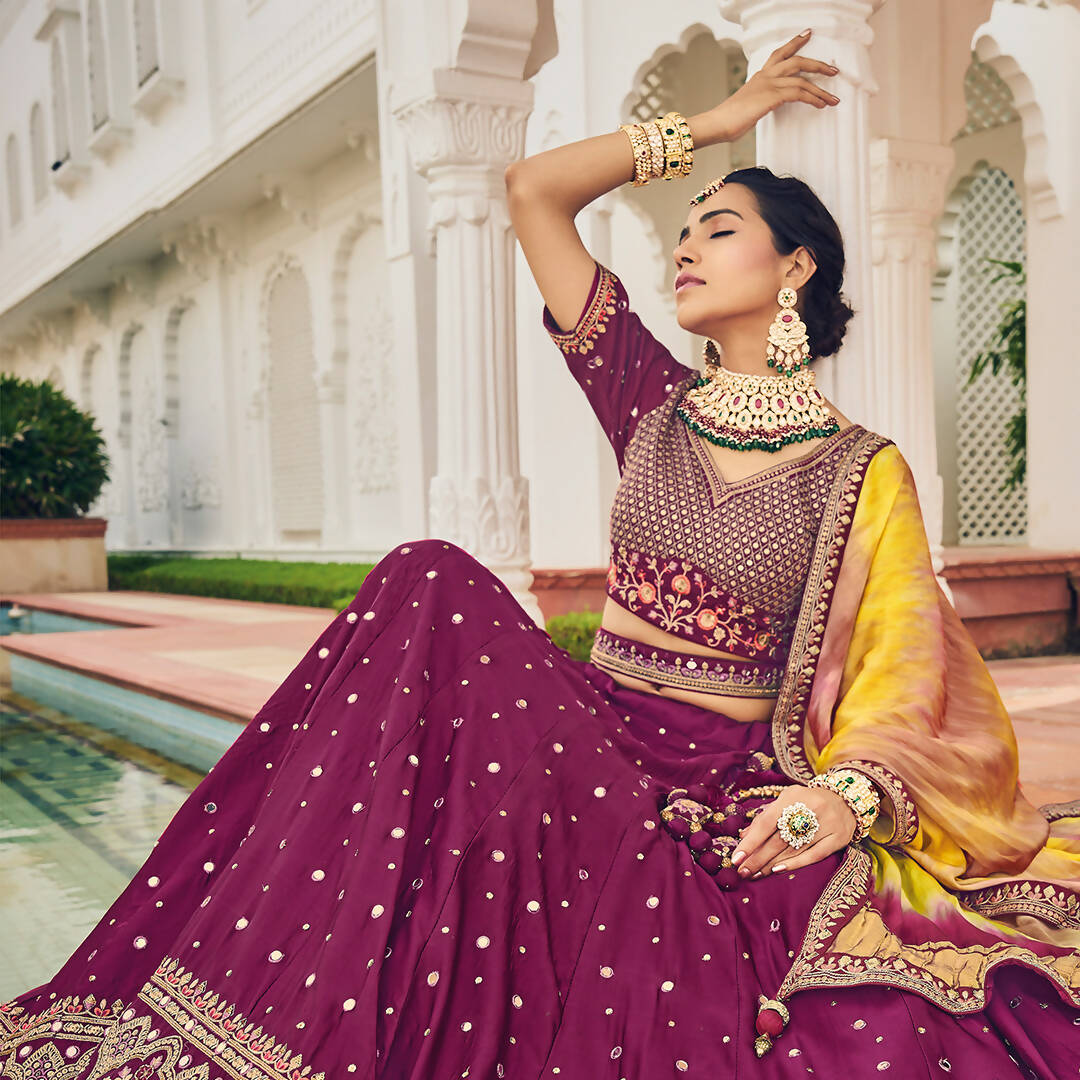 Wine Heavy Viscose Khatli, Embroidery & Mirror Work Unstitched Lehenga Choli - Sisha Keshav - Distacart