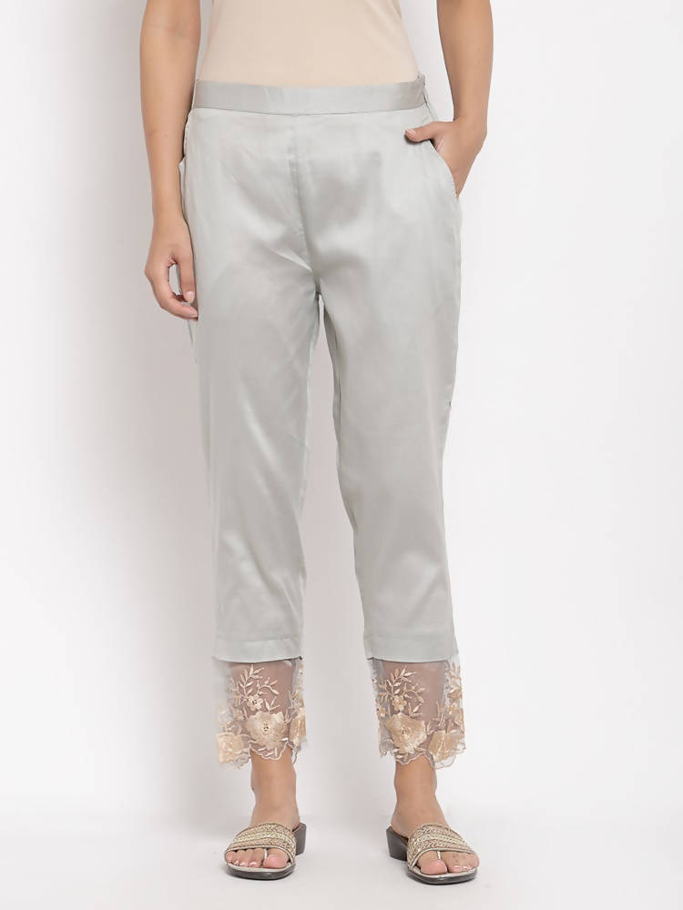Myshka Women&#39;s Grey Cotton Solid Casual Trouser