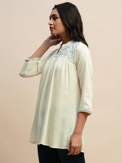 White Rayon Embroidered Top - Tarini - Distacart
