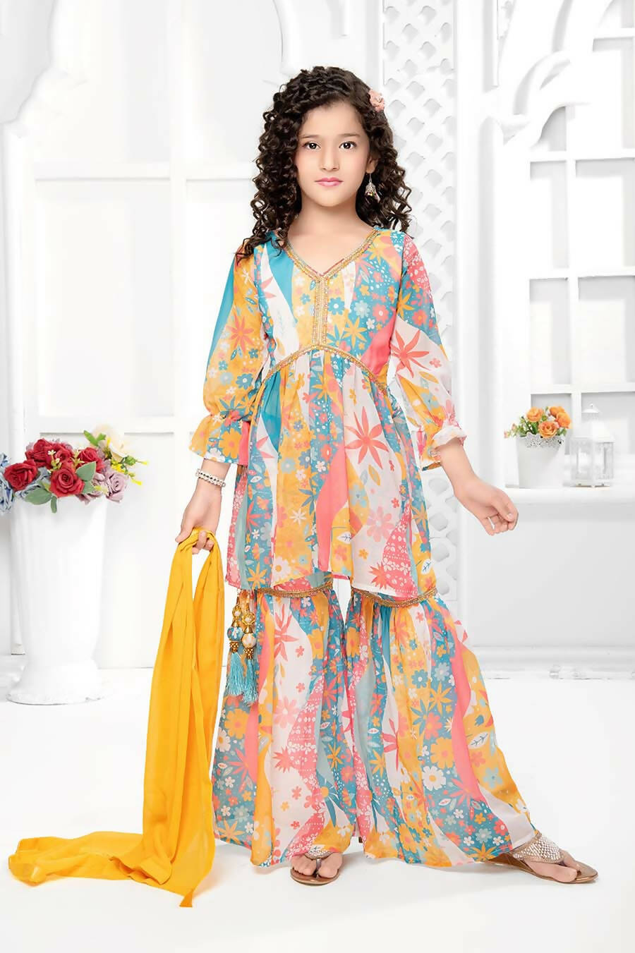Kids Functional Designer Multi Digital Flower Print On Georgette Shrara Suit - Aaradhna - Distacart