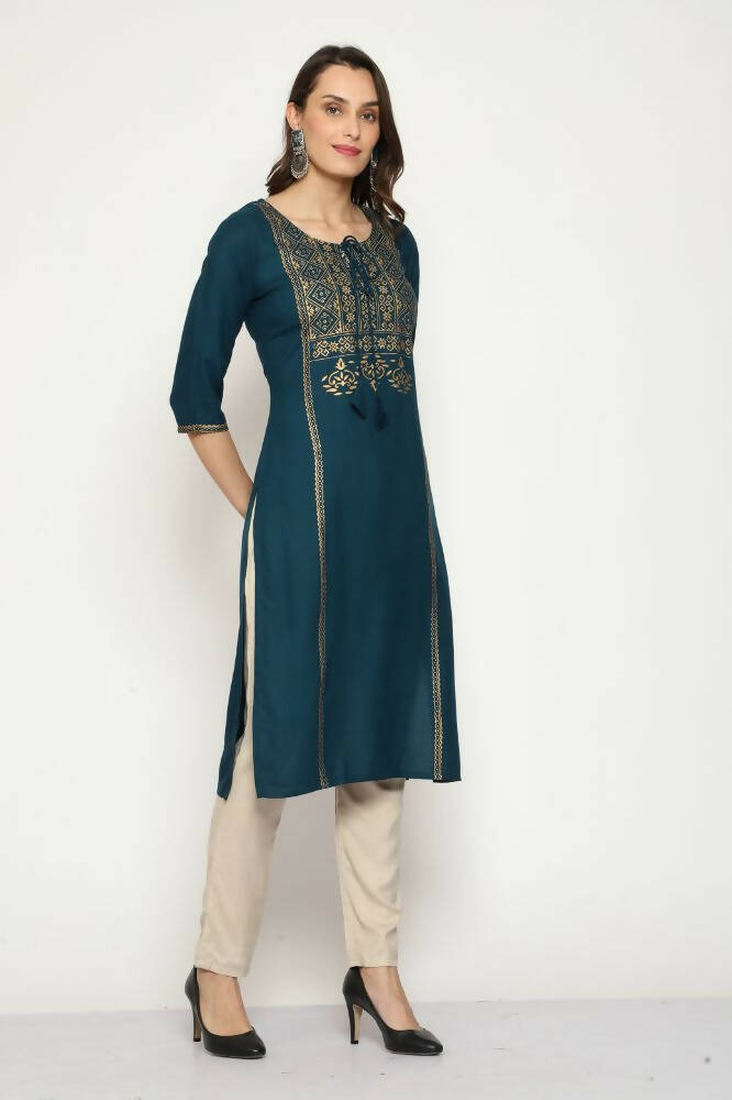 Maai Rayon Hand Printed Kurta Navy - Distacart