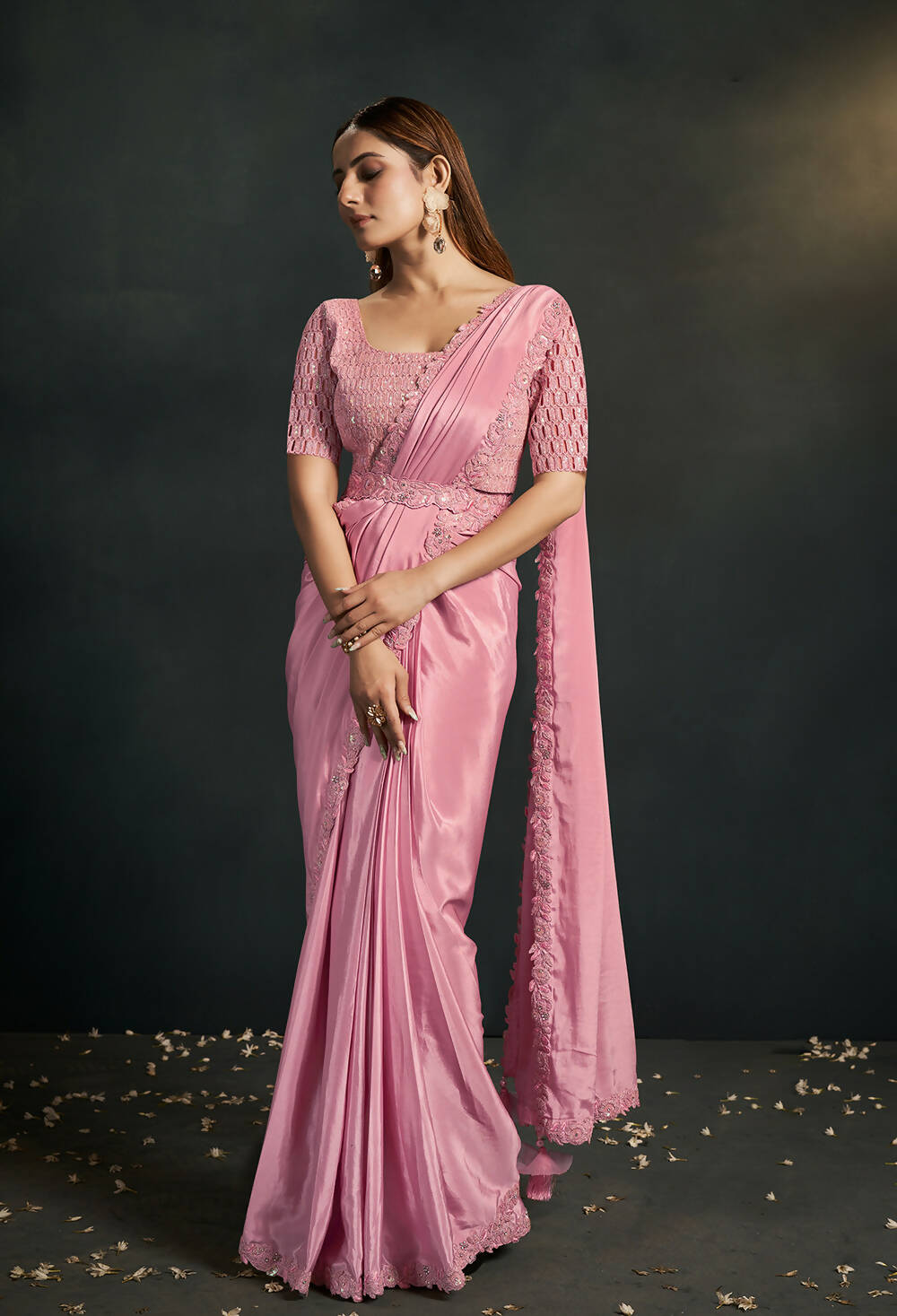 Pink Silk Crepe Georgette Cord Sequence & Thread Embroidered & Stone Work Saree - Moh-Manthan Royal Enigma - Distacart
