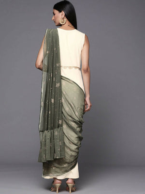 Ahalyaa Off White & Olive Green Ethnic Maxi Dress with Attached Dupatta - Distacart