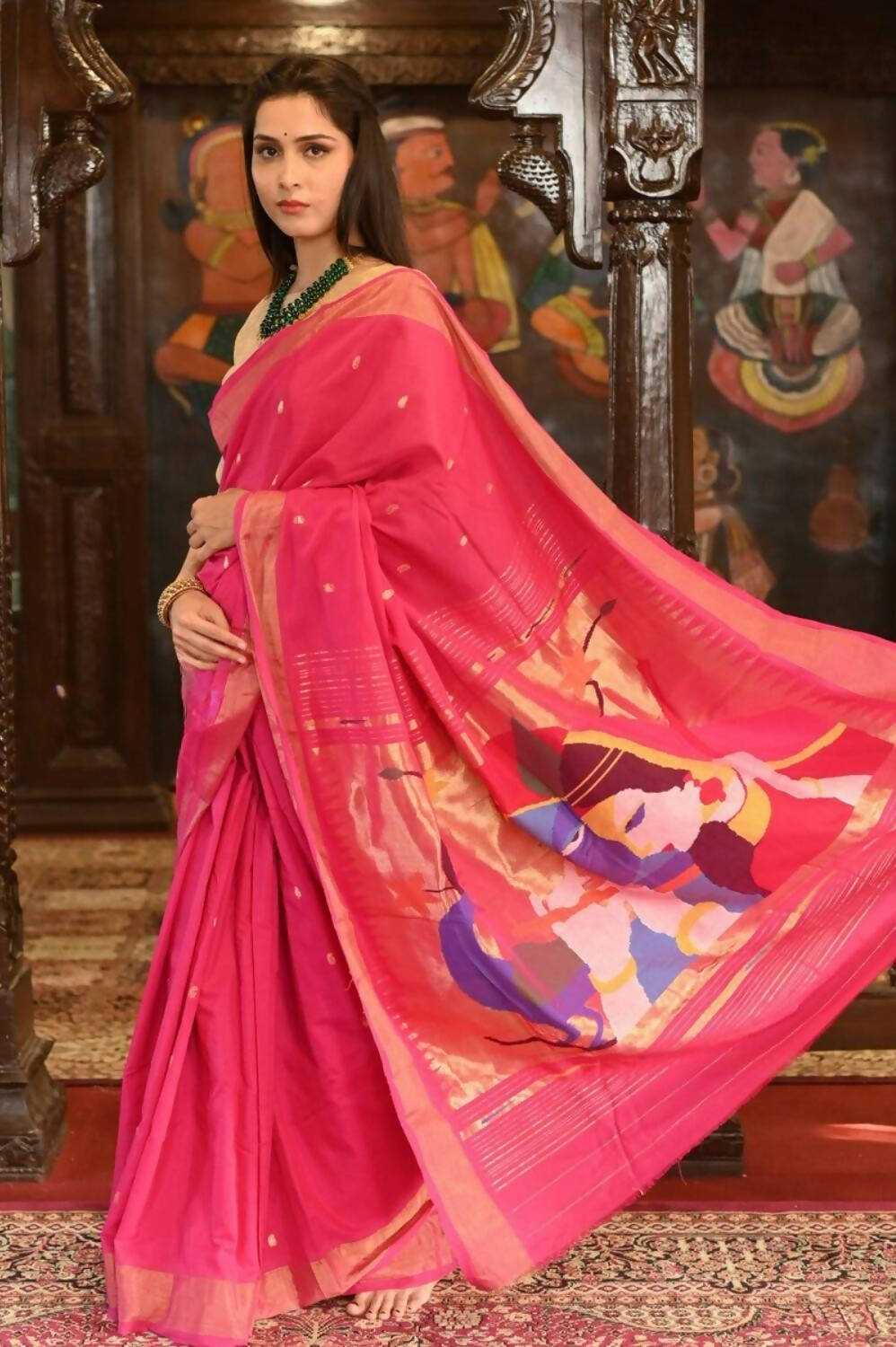 Very Much Indian Handloom Pure Cotton Paithani Radhakrishna Pallu-Rani Pink - Distacart