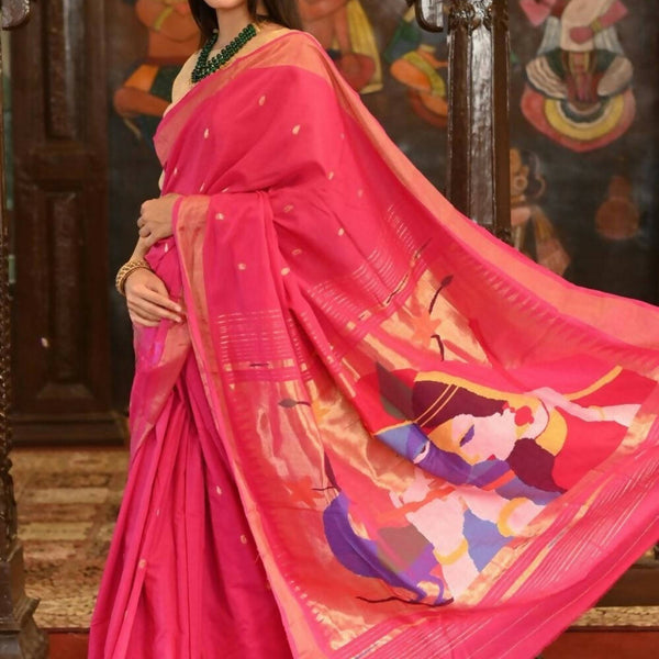 Very Much Indian Handloom Pure Cotton Paithani Radhakrishna Pallu-Rani Pink - Distacart