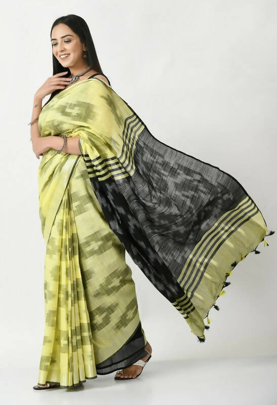 Mominos Fashion Moeza Lemon Yellow & Black Bhagalpuri Handloom Ikat Pure Cotton Saree with unstitched Blouse piece - Distacart